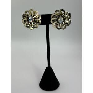 VTG Gold Tone Screwback Clip On Earrings Spiral & Rhinestone